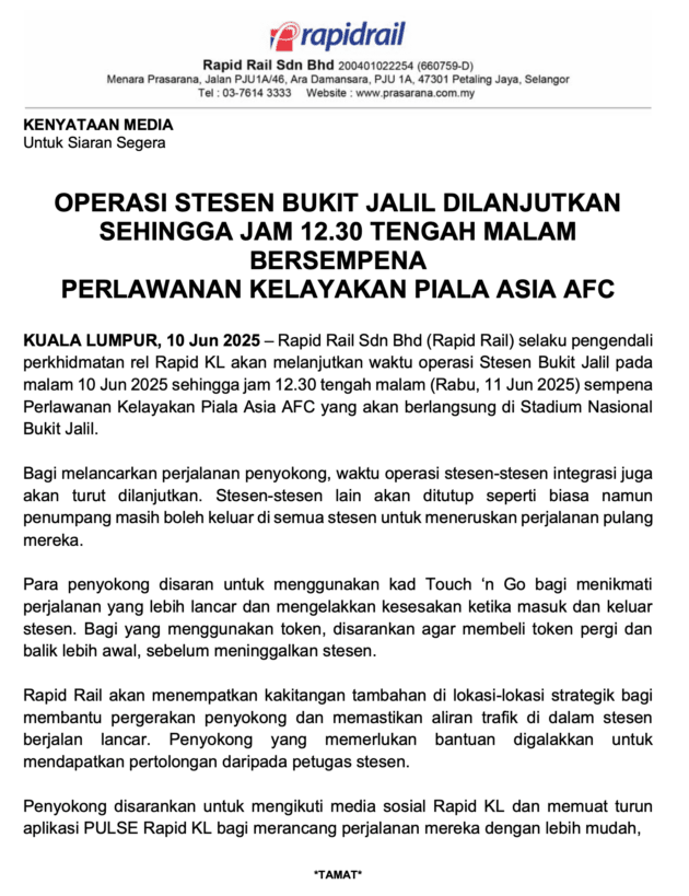 Malaysia vs Vietnam AFC Asian Cup 2027 Qualifiers tonight – LRT Bukit Jalil extended to 1230am